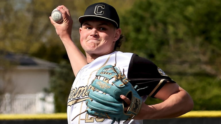 Commack starting pitcher Evan Kay delivers a pitch against Sachem...